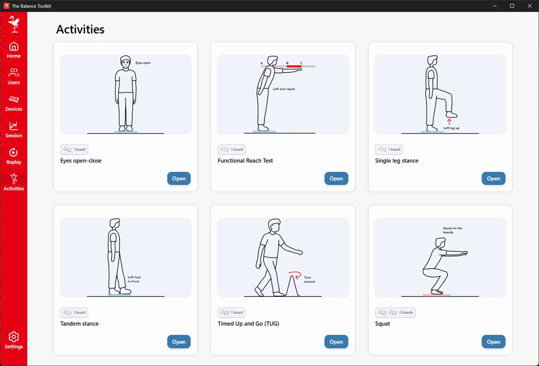 The Activities screen showing six posturography templates: eyes open-close, functional reach test, single leg stance, tandem stance, timed up and go, and squat.