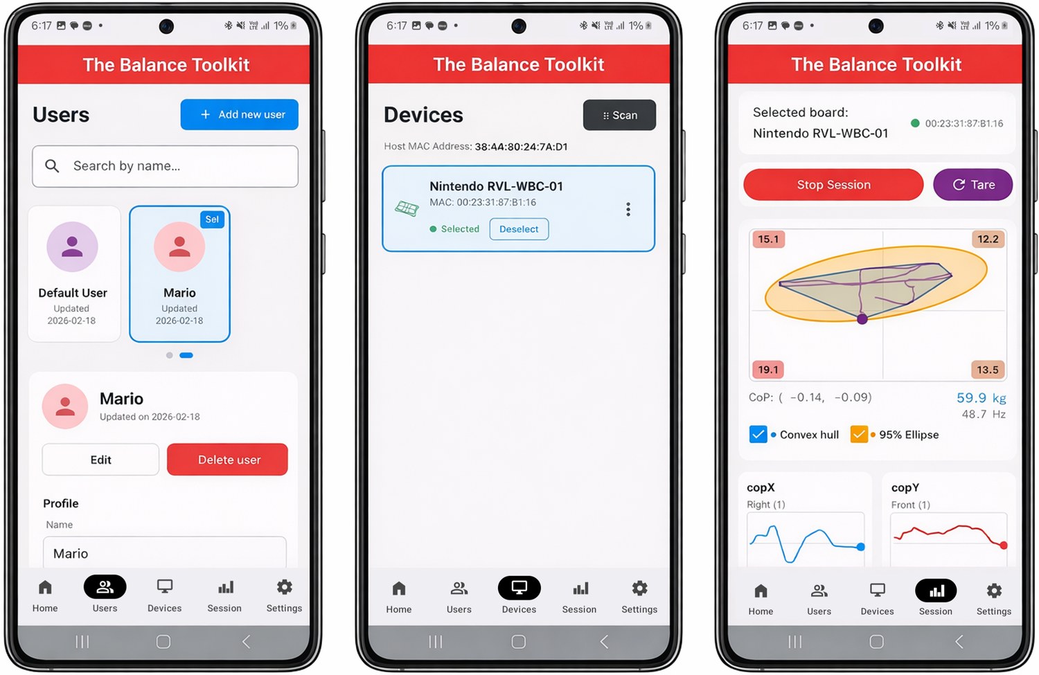 The Android companion app showing live center-of-pressure visualization, stability metrics, and CoP trajectories on a phone.