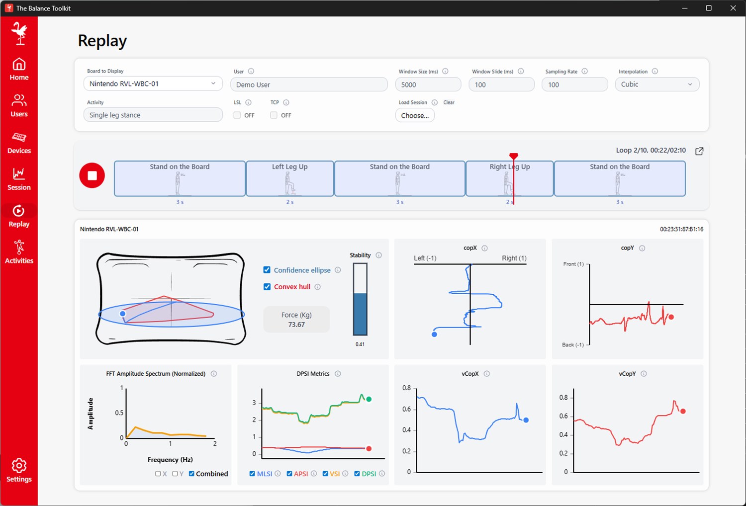 The Replay screen re-visualizing a saved balance session with center-of-pressure trajectory, FFT spectrum, and stability metrics.
