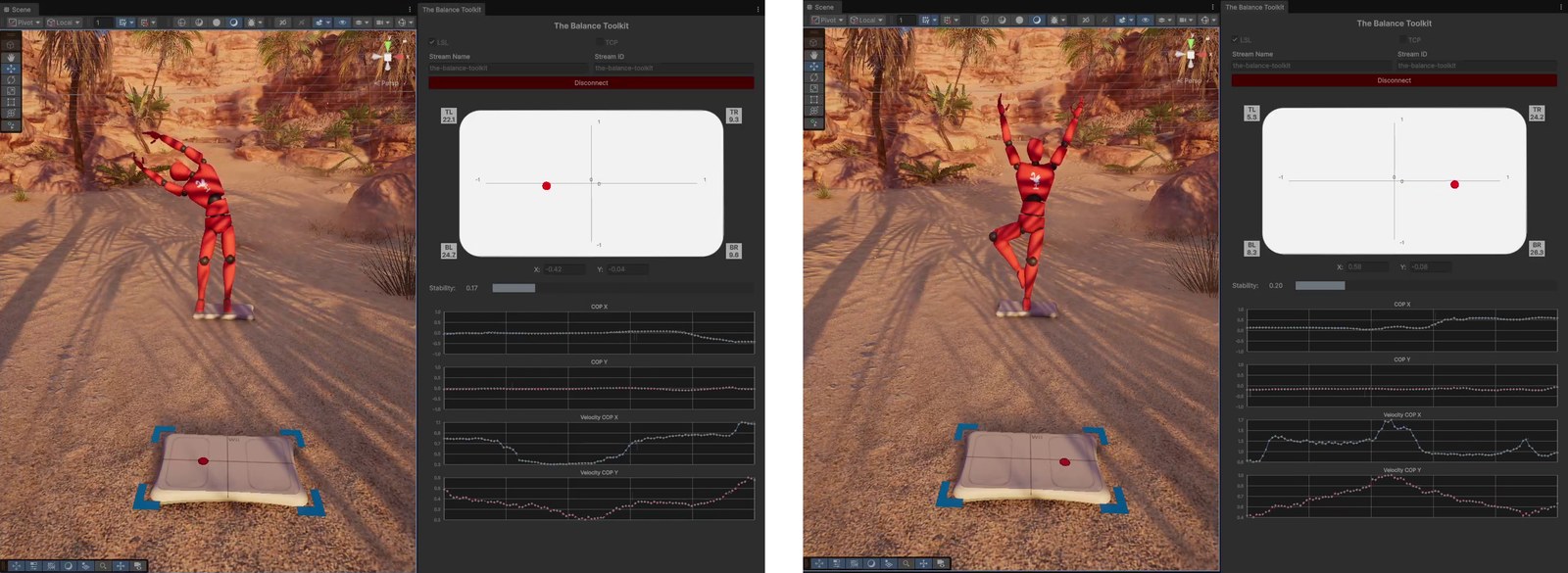 Unity editor showing an avatar performing balance poses on a virtual board, driven by live center-of-pressure data streamed from the toolkit.