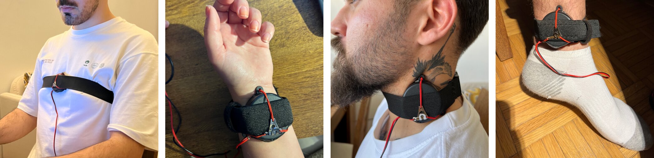 Teaser figure showing the haptic heartbeat system on the chest, wrist, neck, and ankle