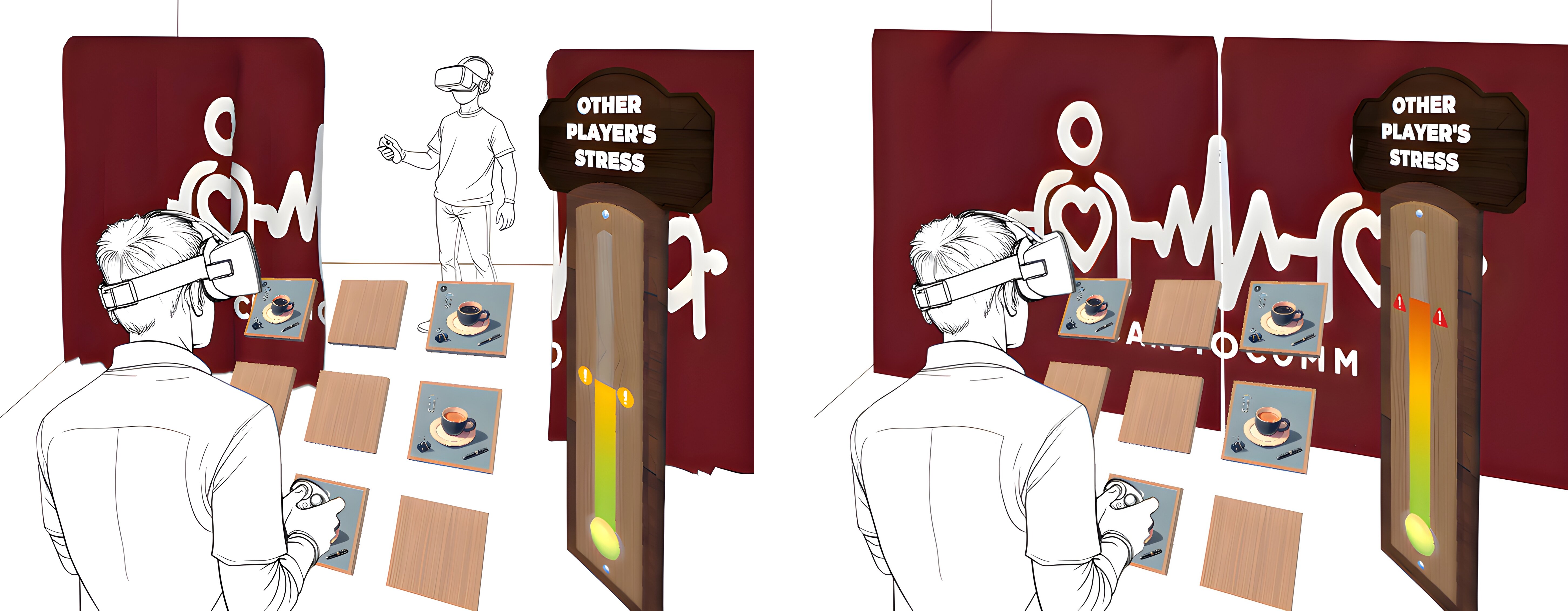 Teaser figure showing CardioCommXR with two mixed reality states, normal collaboration and communication blocked by elevated partner stress