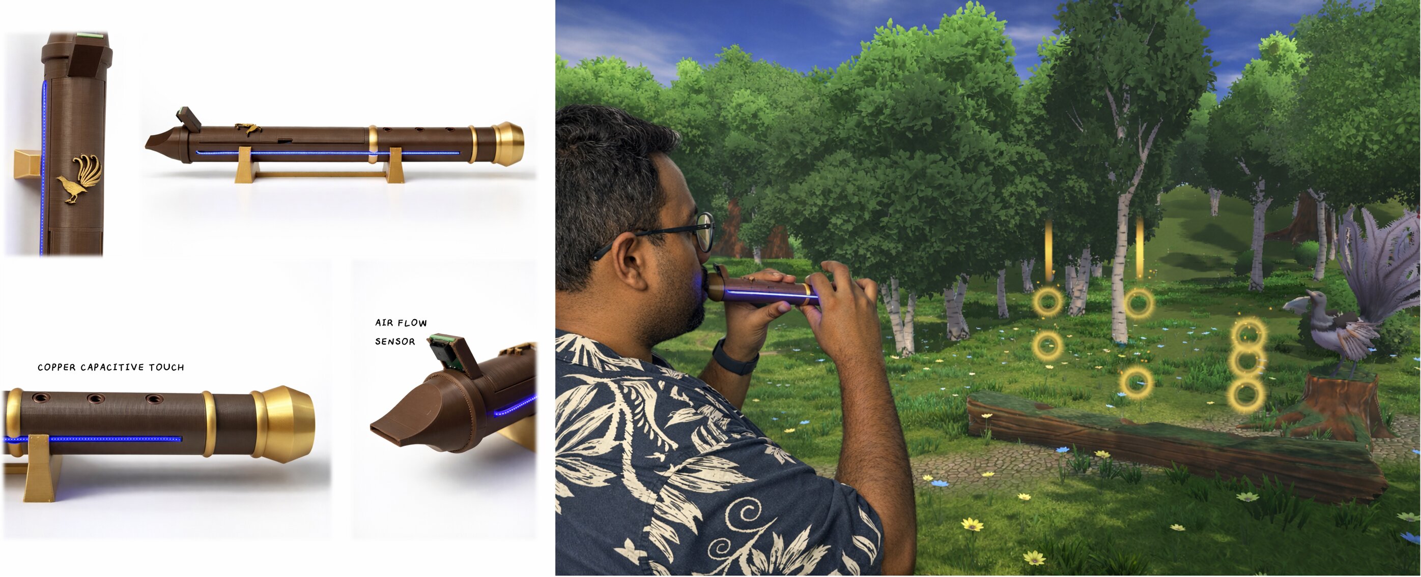 Teaser figure showing the LyreFlute prototype and the 3D musical rehabilitation experience